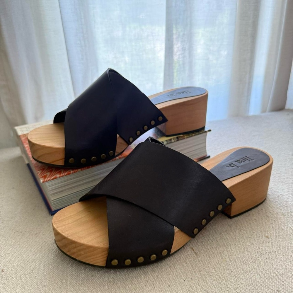 Lisa B Black Leather and wood block slides